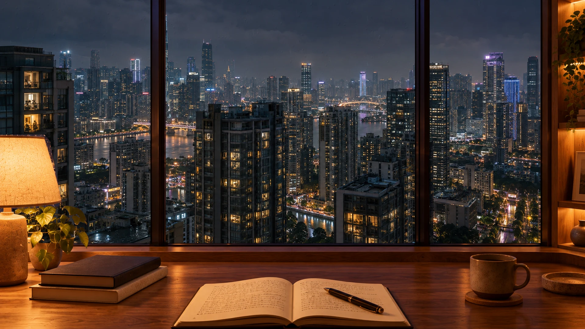 A warm study desk above a glowing city, with rain on the window