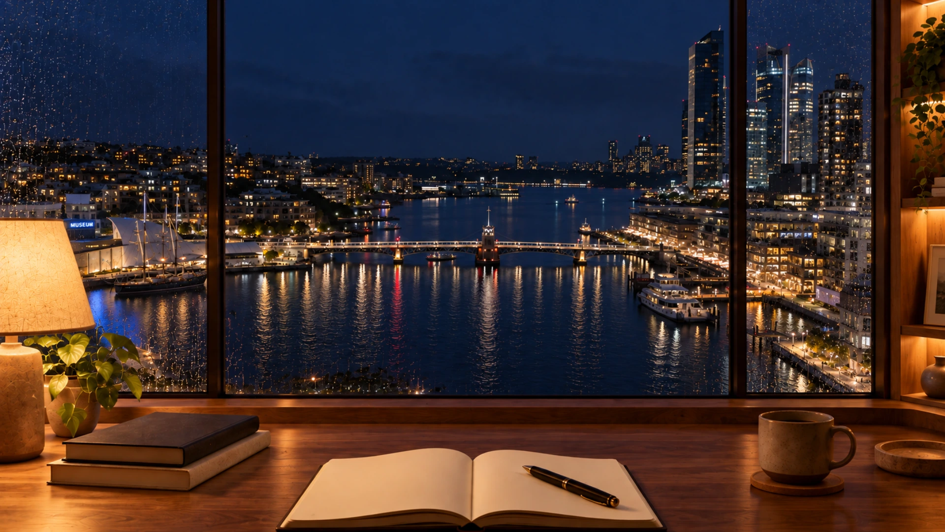 A warm desk above Darling Harbour, its bridge and softly lit waterfront
