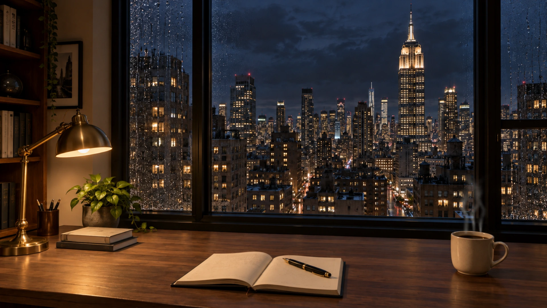 Warm brass lamplight and steaming coffee at a desk overlooking the Empire State Building through a rainy window