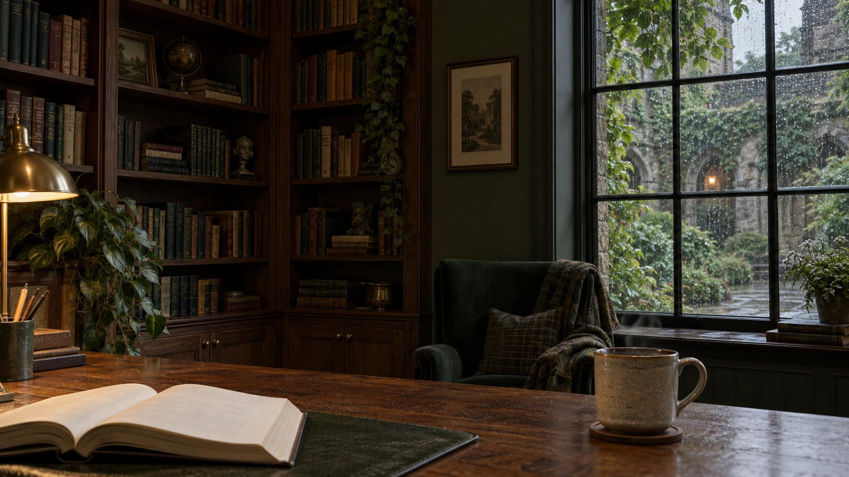 An oak desk beside library shelves and a rainy courtyard window
