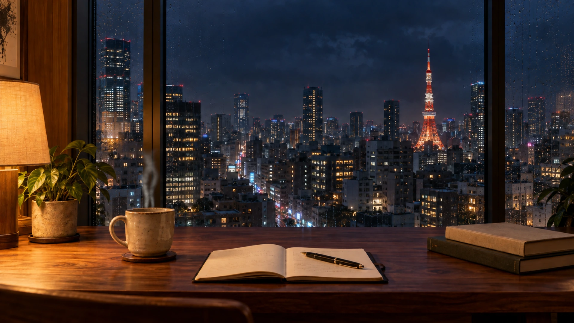 Steaming coffee at a warm desk overlooking Tokyo Tower through a rainy window
